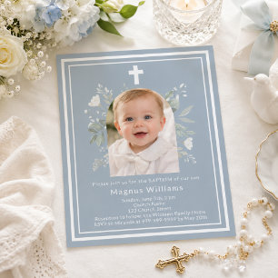 Dusty blue photo florals boy Baptism invitation