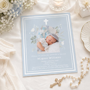 Dusty blue photo florals boy Baptism invitation