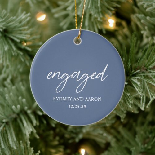 Dusty Blue Photo Modern First Christmas Engaged Ceramic Ornament