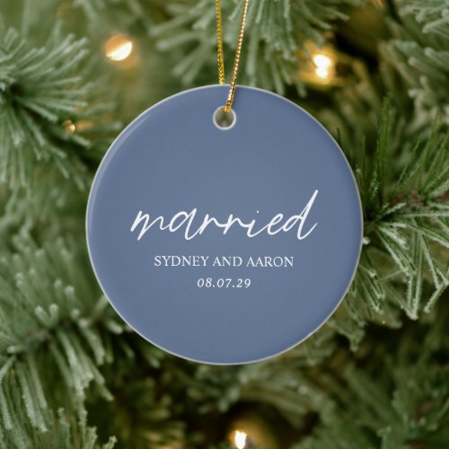 Dusty Blue Photo Modern First Christmas Married Ceramic Ornament