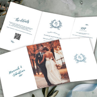 Dusty Blue Photo QR Code RSVP Wedding Details  Tri-Fold Card