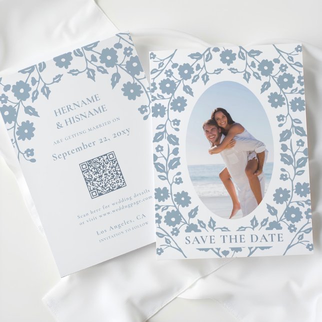 Dusty Blue Photo QR Code Website Folk Floral Save The Date (Creator Uploaded)