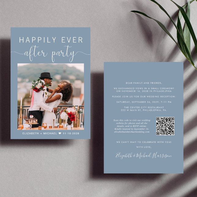 Dusty Blue Photo QR Code Wedding Reception Invitation (Creator Uploaded)