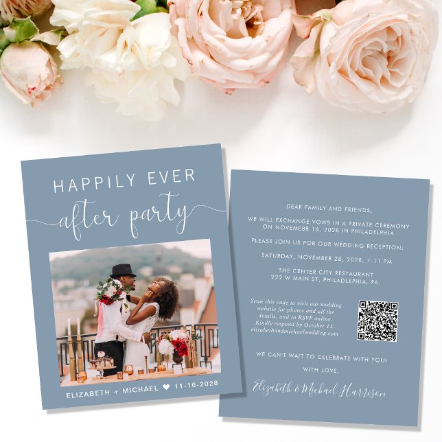 Dusty Blue Photo QR Code Wedding Reception Invite (Creator Uploaded)