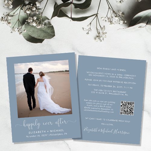 Dusty Blue Photo QR Code Wedding Reception Invite