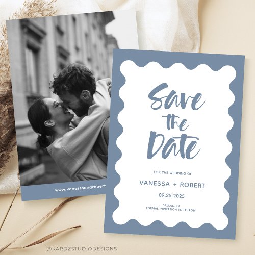 Dusty Blue Photo Script Save The Date Invitation