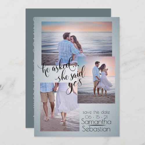 Dusty Blue Photo She Said Yes Save the Date Invitation