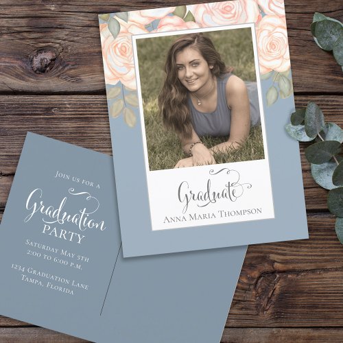 Dusty Blue Photo Watercolor Blush Graduation Postcard