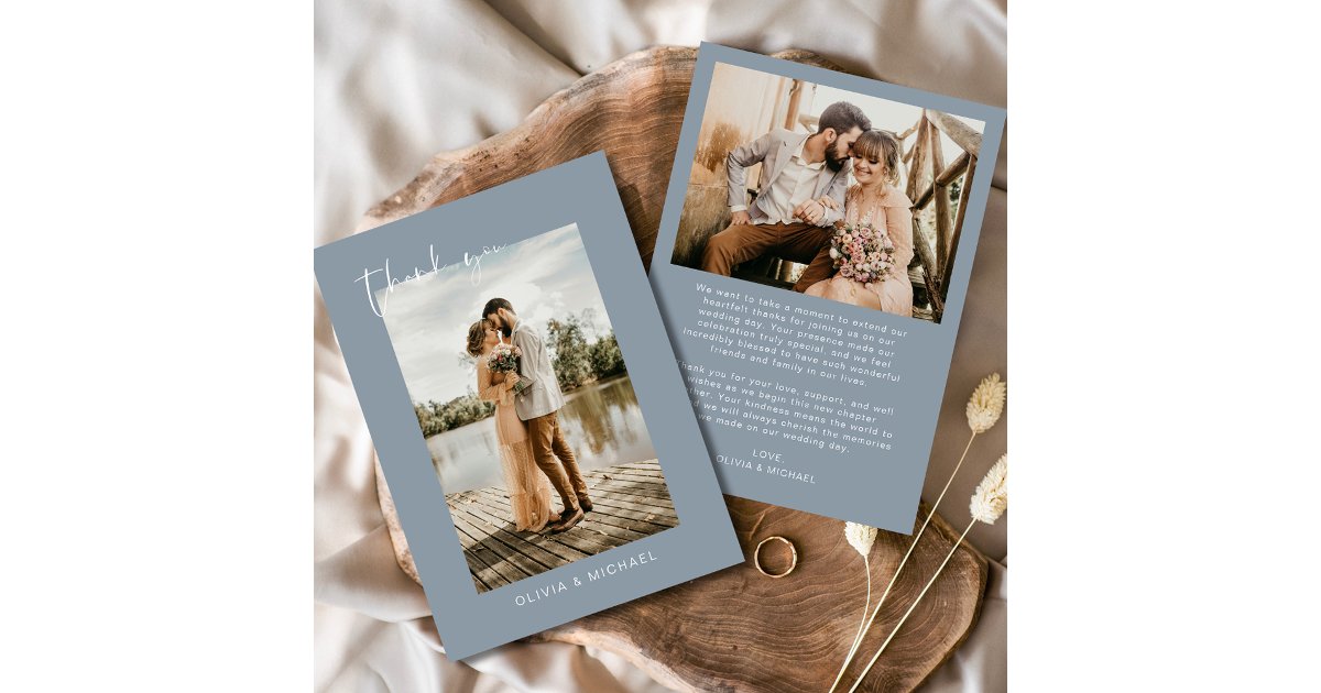 Dusty Blue Photo Wedding Elegant Thank You Card | Zazzle