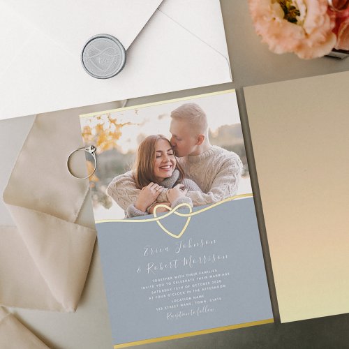 Dusty Blue Photo Wedding Gold Foil Invitation