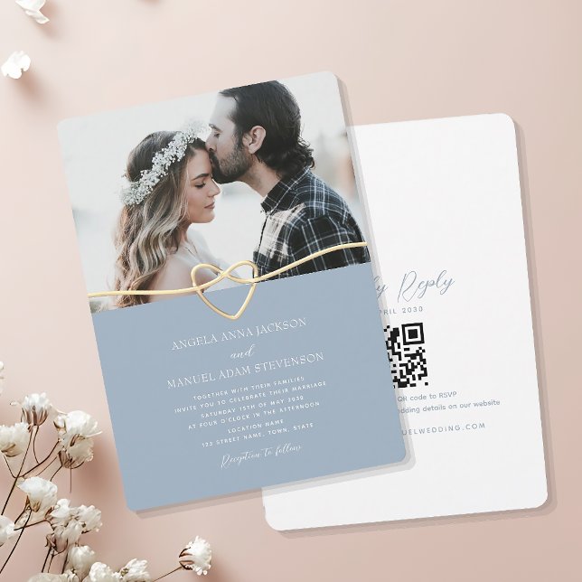 Dusty Blue Photo Wedding Invitation with QR Code (Creator Uploaded)