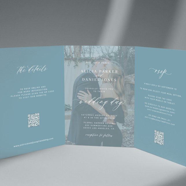 Dusty blue photo wedding RSVP details QR code  Tri-Fold Invitation (Creator Uploaded)