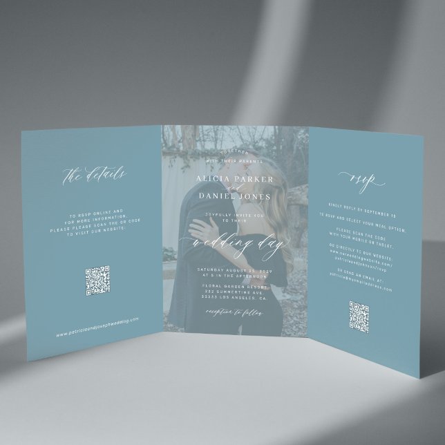Dusty blue photo wedding RSVP details QR code  Tri-Fold Invitation (Creator Uploaded)