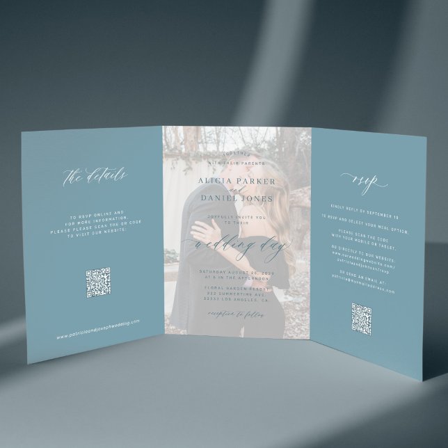 Dusty blue photo wedding RSVP details QR code  Tri-Fold Invitation (Creator Uploaded)