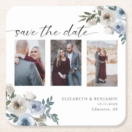 Dusty Blue Photo Wedding Save the Date Elegant  Square Paper Coaster