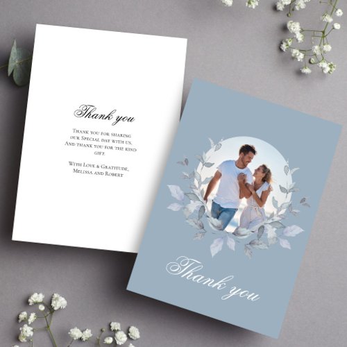 Dusty Blue Photo Wedding Thank You Floral Card