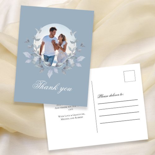 Dusty Blue Photo Wedding Thank You Floral Postcard