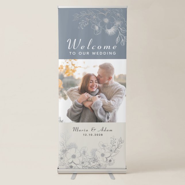 Dusty Blue Photo Wedding Welcome Retractable Banner (Front)