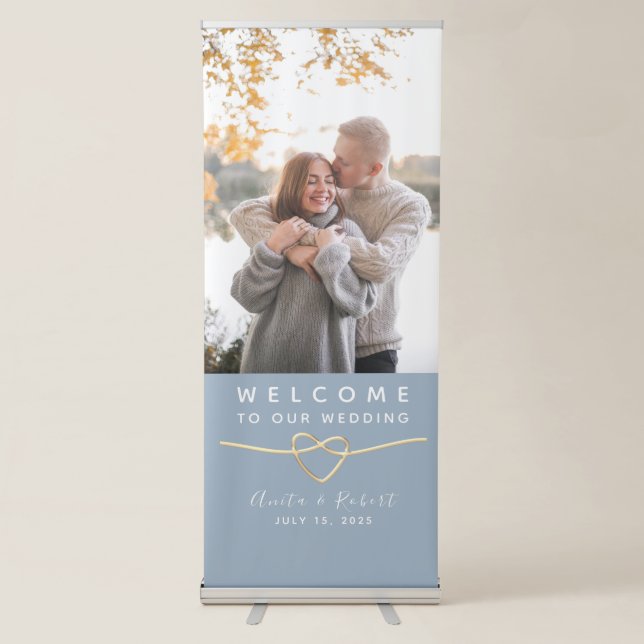 Dusty Blue Photo Wedding Welcome Retractable Banner (Front)