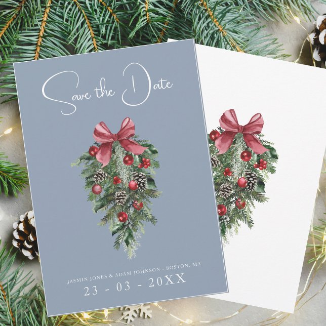 Dusty Blue Pine and Bow Winter Wedding Save The Date (Creator Uploaded)