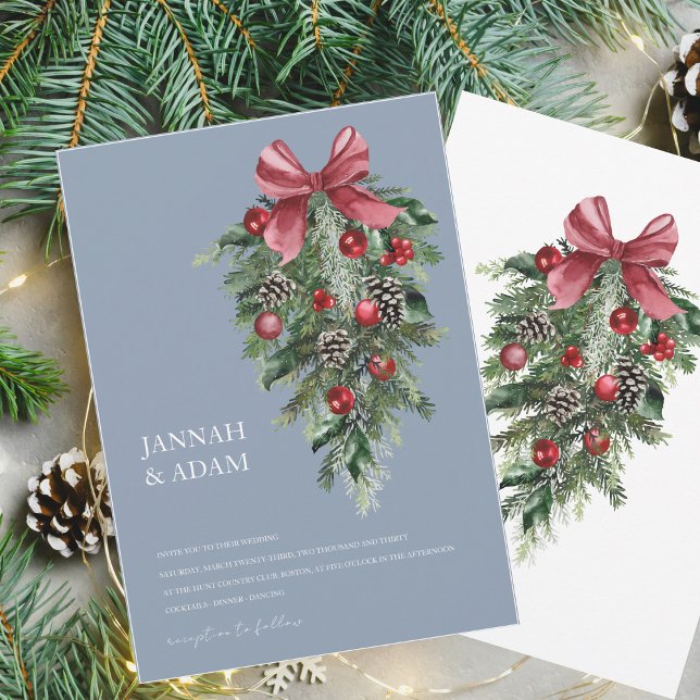 Dusty Blue Pine Bough Red Bow Wedding Invitation (Creator Uploaded)