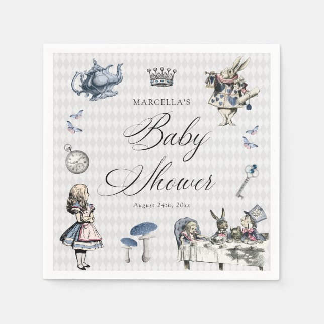 Dusty Blue & Pink Alice In Wonderland Baby Shower Napkins (Front)