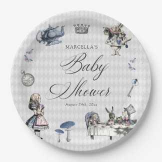Dusty Blue & Pink Alice In Wonderland Baby Shower Paper Plates