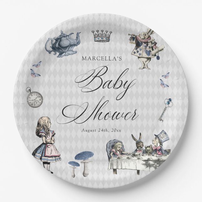 Dusty Blue & Pink Alice In Wonderland Baby Shower Paper Plates (Front)
