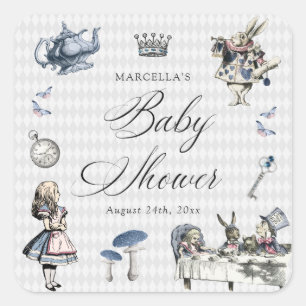 Dusty Blue & Pink Alice In Wonderland Baby Shower Square Sticker