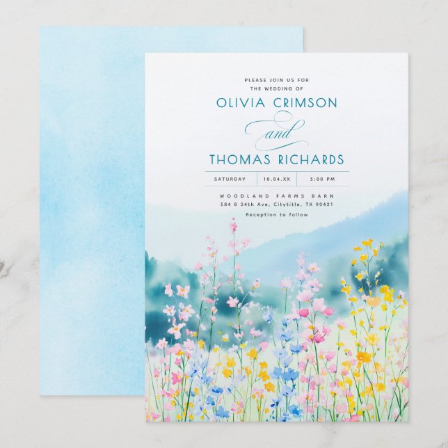 Dusty Blue Pink and Yellow Wildflowers Wedding Invitation (Front/Back)