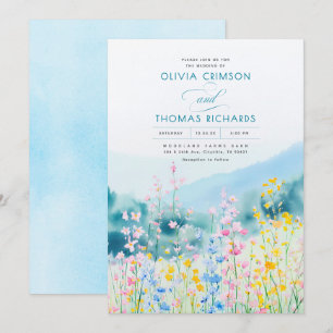 Dusty Blue Pink and Yellow Wildflowers Wedding Invitation