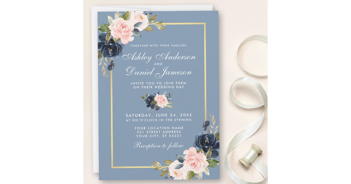 Dusty Blue Pink Blush Floral Gold Frame Wedding Invitation | Zazzle