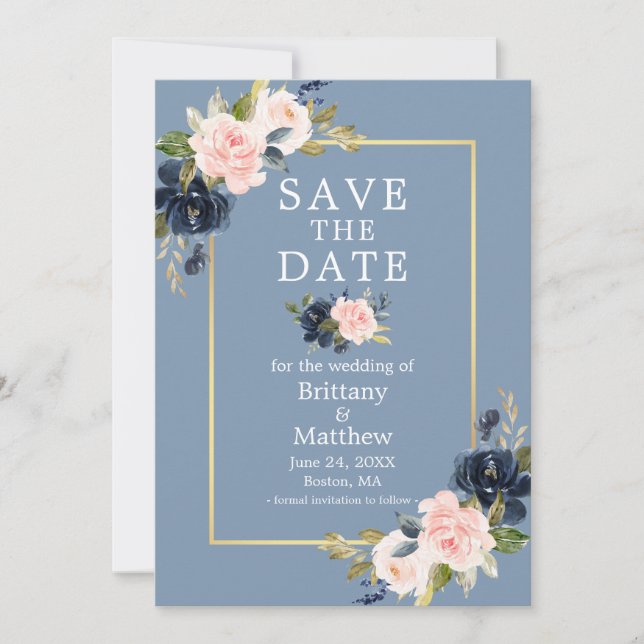 Dusty Blue Pink Blush Floral Gold Save the Date (Front)