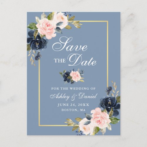 Dusty Blue Pink Blush Floral Gold Save the Date Announcement Postcard