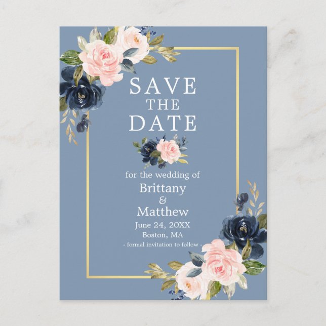 Dusty Blue Pink Blush Floral Gold Save the Date Postcard (Front)