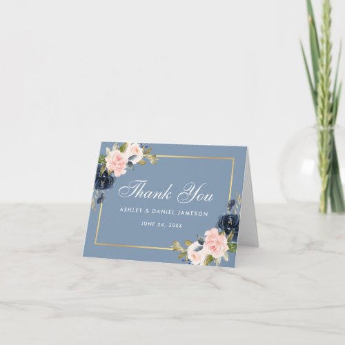 Dusty Blue Pink Blush Floral Gold Wedding Note Thank You Card