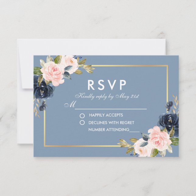 Dusty Blue Pink Blush Floral Gold Wedding RSVP (Front)