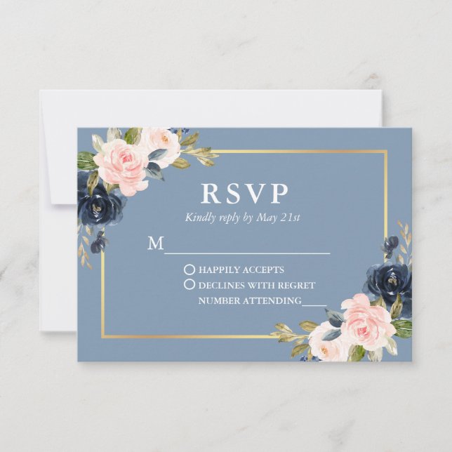 Dusty Blue Pink Blush Floral Gold Wedding RSVP (Front)