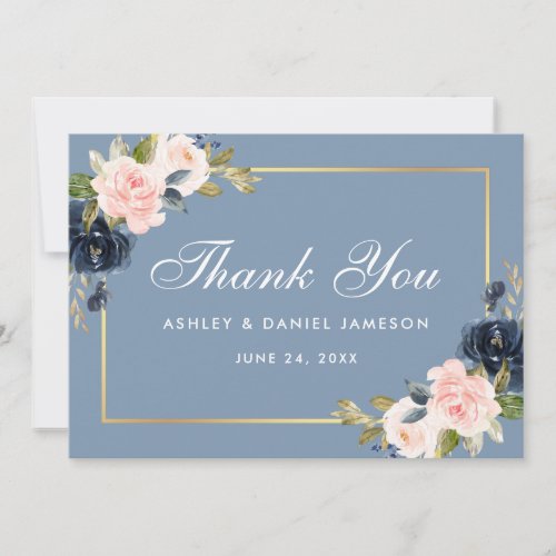 Dusty Blue Pink Blush Floral Gold Wedding Thank You Card