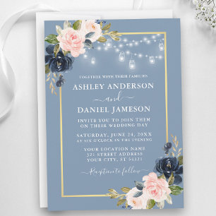 Dusty Blue Pink Blush Floral Jar Lights Wedding Invitation