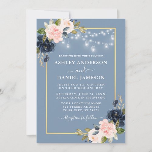 Dusty Blue Pink Blush Floral Jar Lights Wedding Invitation