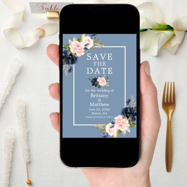 Dusty Blue Pink Blush Floral Save the Date (Front Digital)