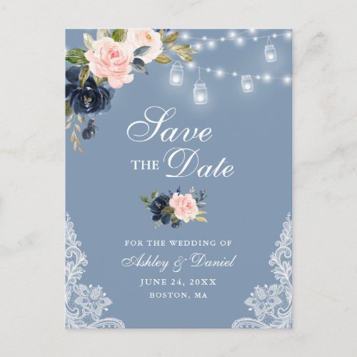 Dusty Blue Pink Blush Floral Save the Date Announcement Postcard