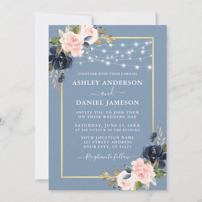 Dusty Blue Pink Blush Floral String Lights Wedding Invitation (Front)