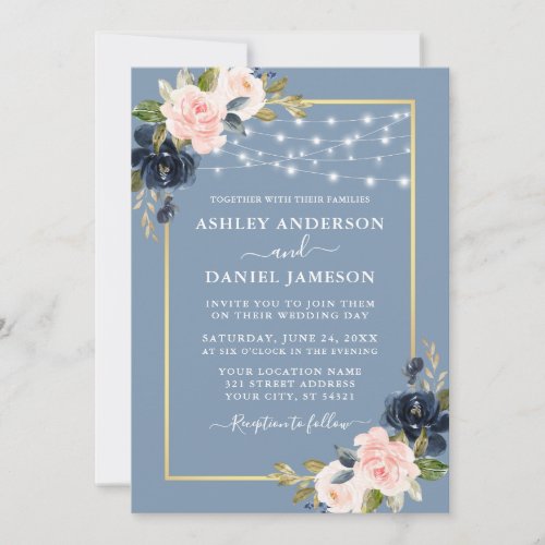 Dusty Blue Pink Blush Floral String Lights Wedding Invitation