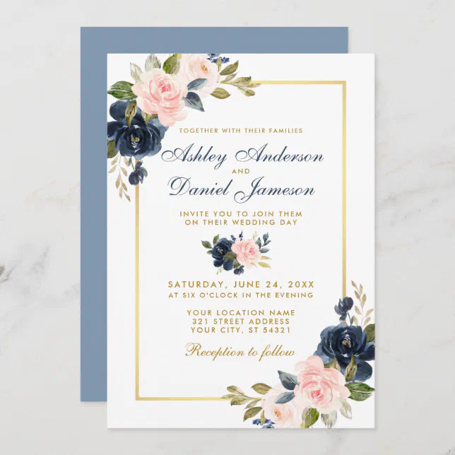 Dusty Blue Pink Blush Floral Wedding Gold Frame Invitation | Zazzle