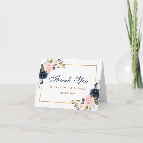 Dusty Blue Pink Blush Floral Wedding Gold Note Thank You Card