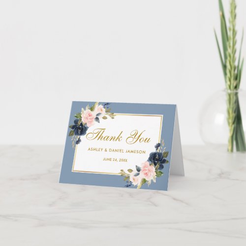 Dusty Blue Pink Blush Floral Wedding Gold Note Thank You Card