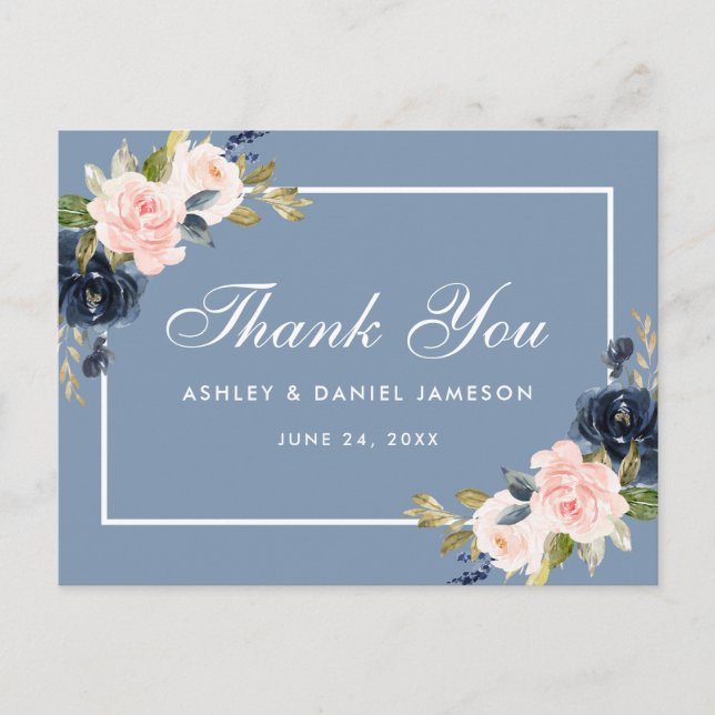 Dusty Blue Pink Blush Floral Wedding Thank You Postcard (Front)