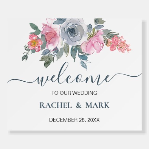 Dusty Blue Pink Blush Floral Wedding Welcome Sign